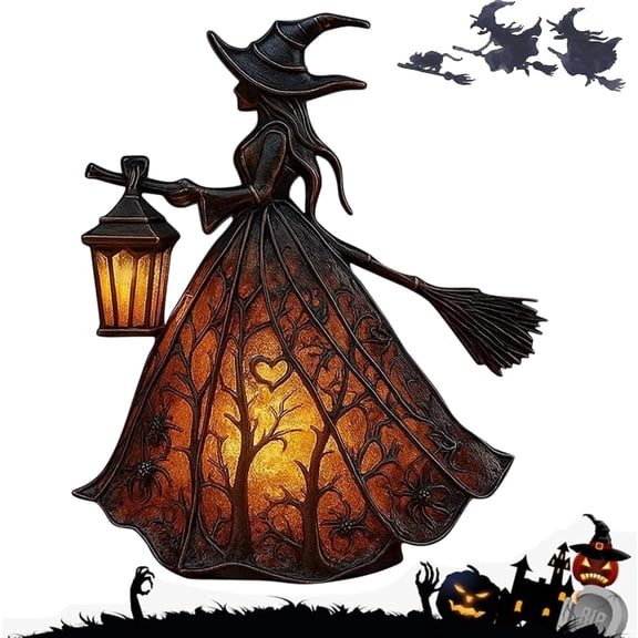 Stained Glass Gothic Witch Hat LED Lamp, Halloween Night Light for Indoor Outdoor Party Decor, Spooky Tabletop Ambiance Lamp for Home Porch(Q)
