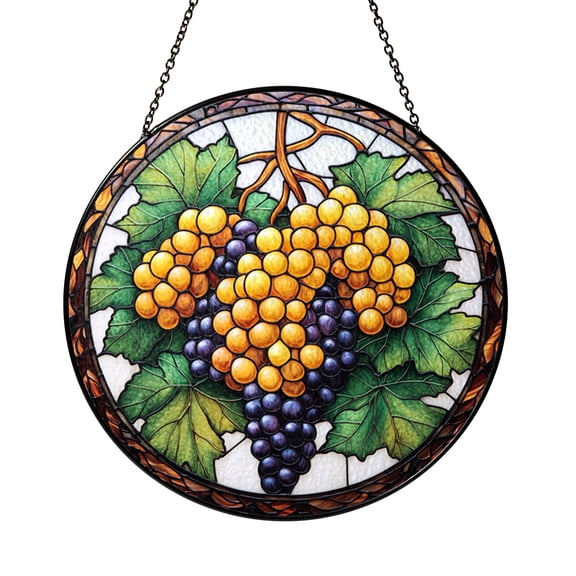 Stained Glass Grape Sun Catcher Window Hanging, Vineyard Inspired Round Fruit Decor, Elegant Kitchen Home Gift