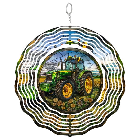 Stained Glass Green Tractor 3D Wind Spinner Stainless Steel Hanging Outdoor Garden Decor