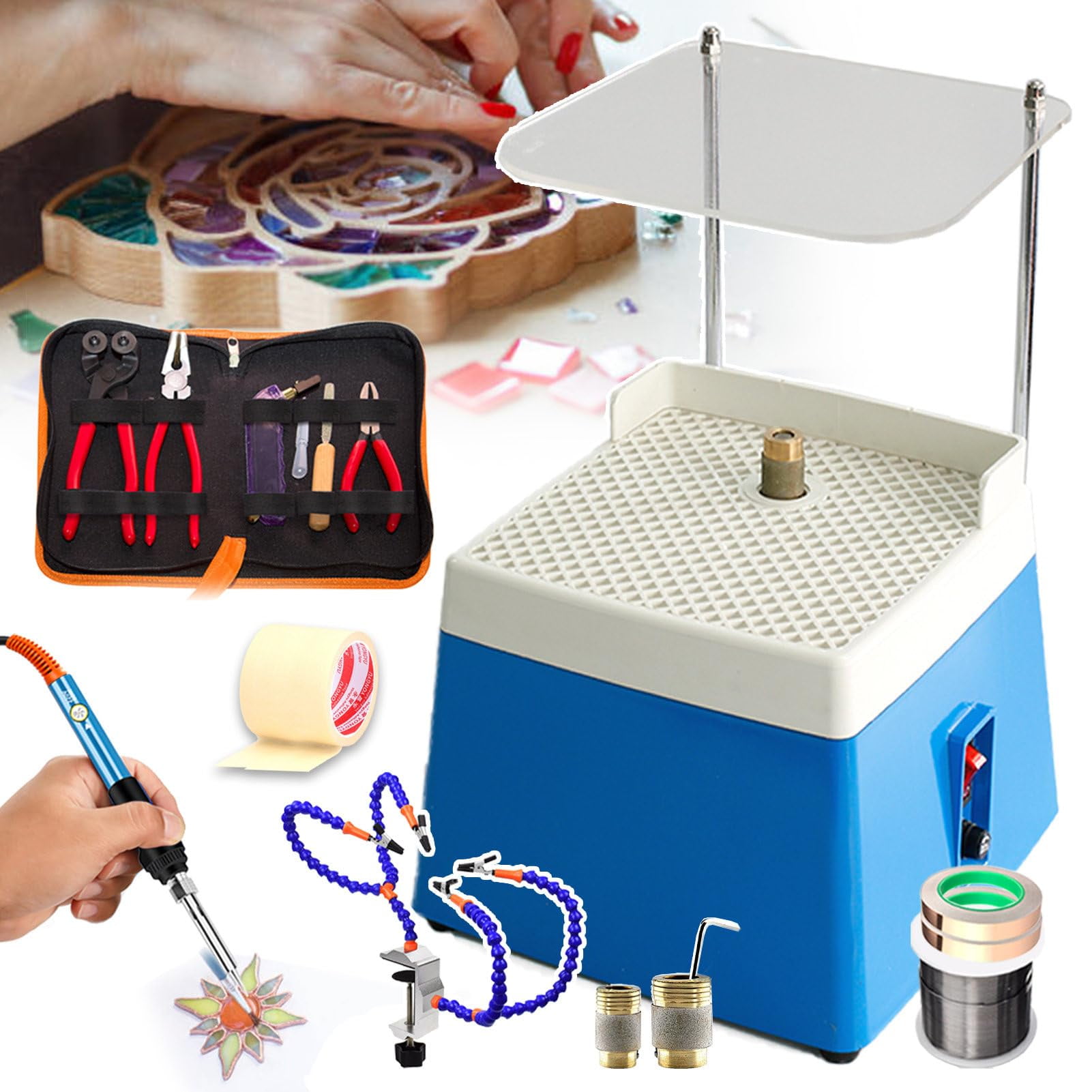 Stained Glass Grinder Starter Kit,Mosaic&Stained Glass Kits for DIY enthusiasts,Automatic water Grinder with 5/8"+1" Grinder Bit/60W Soldering Iron Kit/Glass Cutter Tool Kit/Solder Clamp