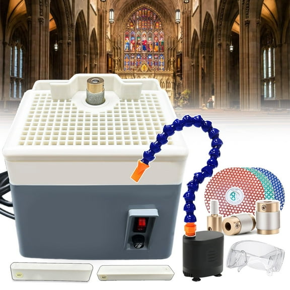 Stained Glass Grinder with Water Pump - DIY Grinding &Shaping Machine Tool for Curves&Angles - with Grinding Heads/Grit Discs/angle positioning tool(30/45/60/90) for Glass Grinding