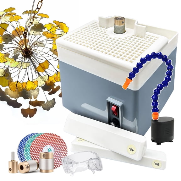 Stained Glass Grinder with water circulation pump,2in1 DIY Grinding Shaping Machine Tool-curves & Edge angles,with 1/4"&3/4"&1" grinding heads+180/240/360 grit Disc,for DIY glass grinding