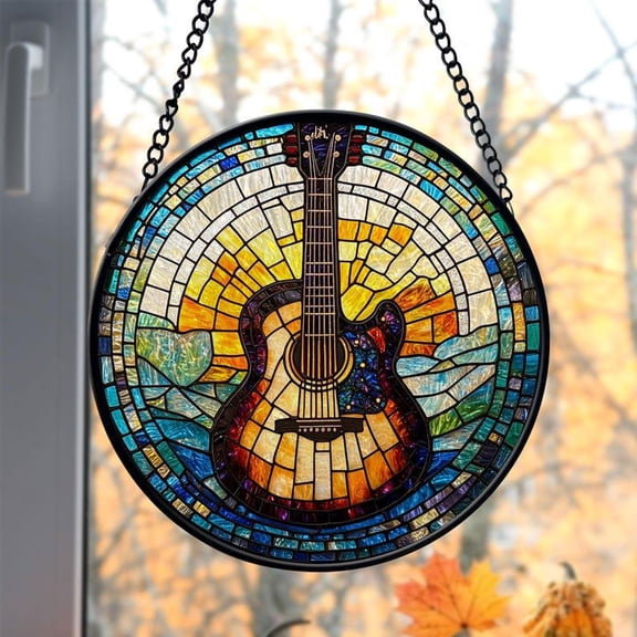 Stained Glass Guitar Suncatcher Musical Instrument Ornament Window Hanging Home Decor Music Guitar Lover Gift Housewarming