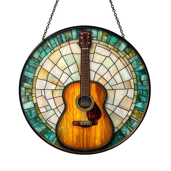 Stained Glass Guitar Suncatcher Window Hanging, Musical Instrument Home Window Decor