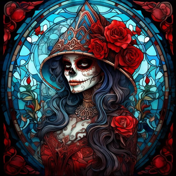 Stained Glass Halloween Skull Woman Witch Hat DIY 5D Diamond Art Painting by Number Kits for Adults Paint with Full Drill Round Diamond Gems Painting Art Craft for Home Wall Decor 13.8x13.8in