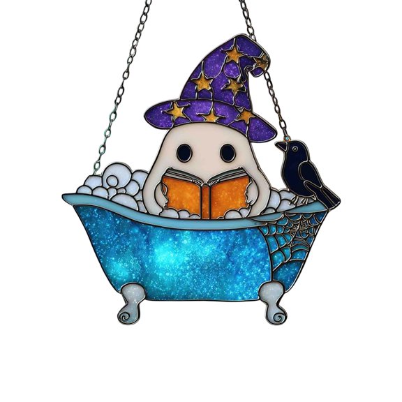 Stained Glass Hanging Decor Wizard Ghost in Bathtub with Book and Crow, Cute Witch Sun Catcher for Window Ornament