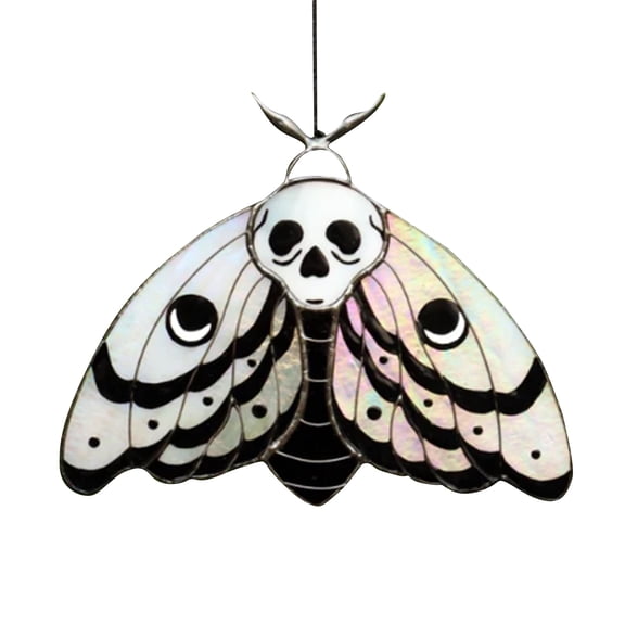 Stained Glass Hanging Moth Suncatcher with Skull Design Handmade Art Glass Window Ornament Decoration