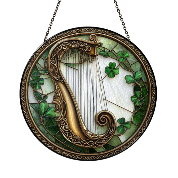 Stained Glass Harp Window Hanging Musical Instrument Design with Decorative Botanical Elements Glass Suncatcher for Home Interior Window Accent
