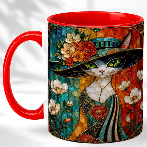 Stained Glass Hat Cat Coffee Mug, Floral Cat Mug, Ceramic 11 oz