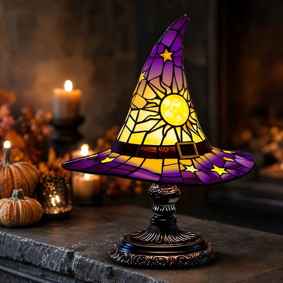 Stained Glass Hat Statue, Vintage Halloween Decor, USB Operated LED Table Lamp, Retro Lightup Desktop Ornament for Bedroom, Entryway, Fireplace Mantel