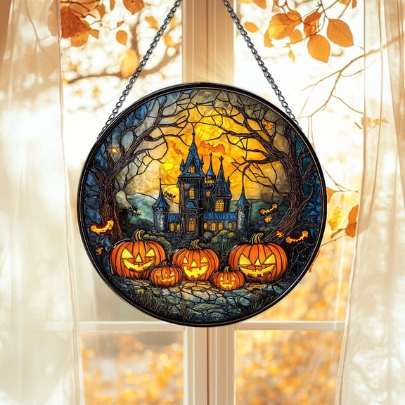 Stained Glass Haunted Castle Window Hanging Decoration with Pumpkins, Bats, and Full Moon Scene
