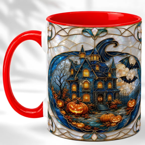 Stained Glass Haunted House Coffee Mug, Pumpkin Night Mug, Ceramic 11 oz