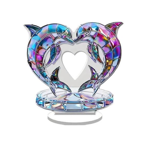 Stained Glass Heart Acrylic Table Decor Colorful Double Dolphin Love Figurine Art for Home, Office, Desk, or Wedding Gift, Lightweight Acrylic