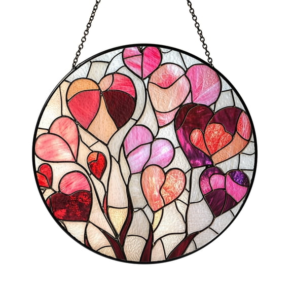 Stained Glass Heart Shape Panel – Lovely Red Pink Window Art Gift