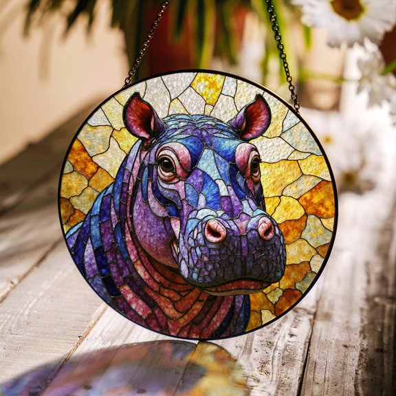 Stained Glass Hippo Suncatcher, Purple Blue Amber Animal Decor, 6.3 in