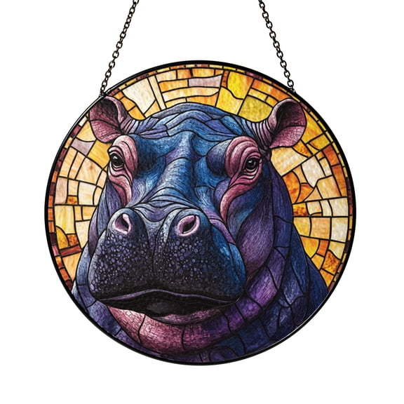 Stained Glass Hippo Suncatcher, Purple Blue Amber Window Hanging, Vibrant Animal Home Decor, Gift for Wildlife and Nature Lovers