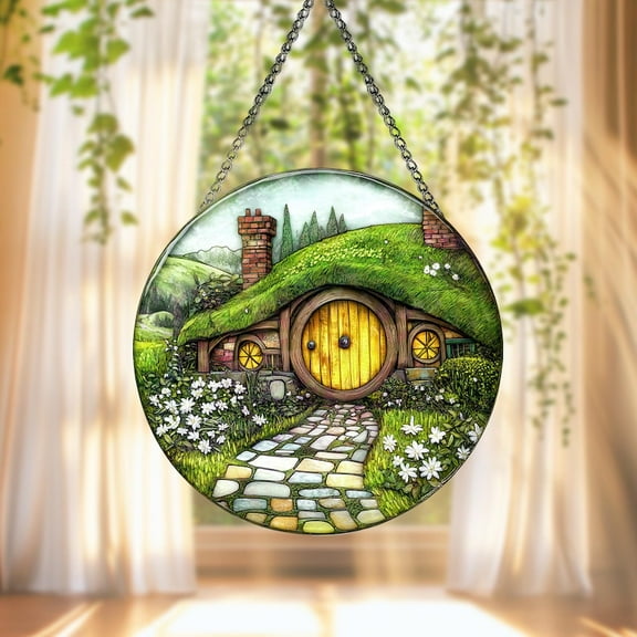 Stained Glass Hobbit House Window Hanging Decoration, Tolkien Inspired Cottage Art Fantasy Home Decor