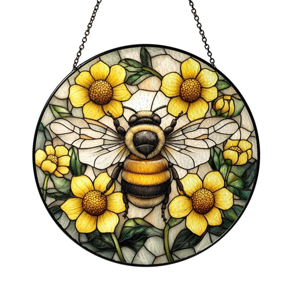 Stained Glass Honey Bee and Hive Suncatcher, Floral Wreath Window Hanging Decor Featuring Bee, Honeycomb and Flower Elements