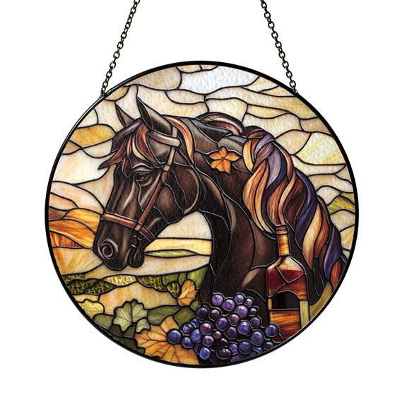 Stained Glass Horse Window Hanging with Wine Theme, Cozy Countryside Decor for Relaxed Homes