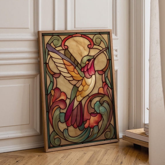 Stained Glass Hummingbird Art Nouveau Wildlife Décor, Unframed Poster