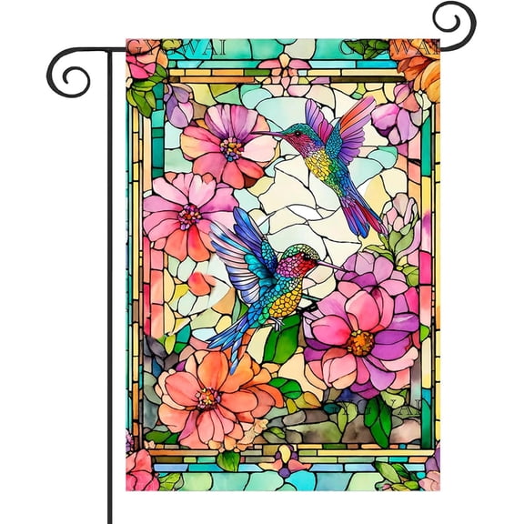 Stained Glass Hummingbird Garden Flag Spring Summer Yard Flag Floral Decorative Flags for Outside 12x18 Double Sided Small Seasonal Flags Rustic Outdoor Decor