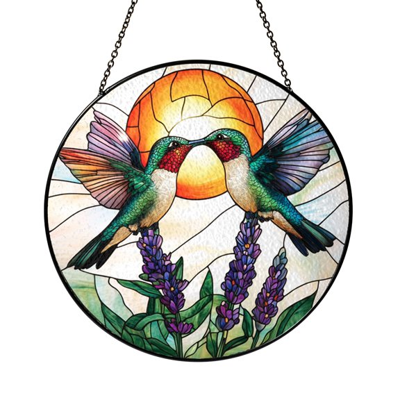 Stained Glass Hummingbird Lavender Suncatcher Window Hanging, Floral Bird Sun Catcher for Home Decor