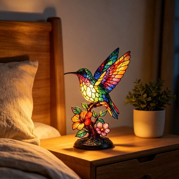 Stained Glass Hummingbird Night Lamp, Handcrafted 3D Animal LED Table Lamp, USB Powered Hummingbird Light for Home Office Desk Decor Gift