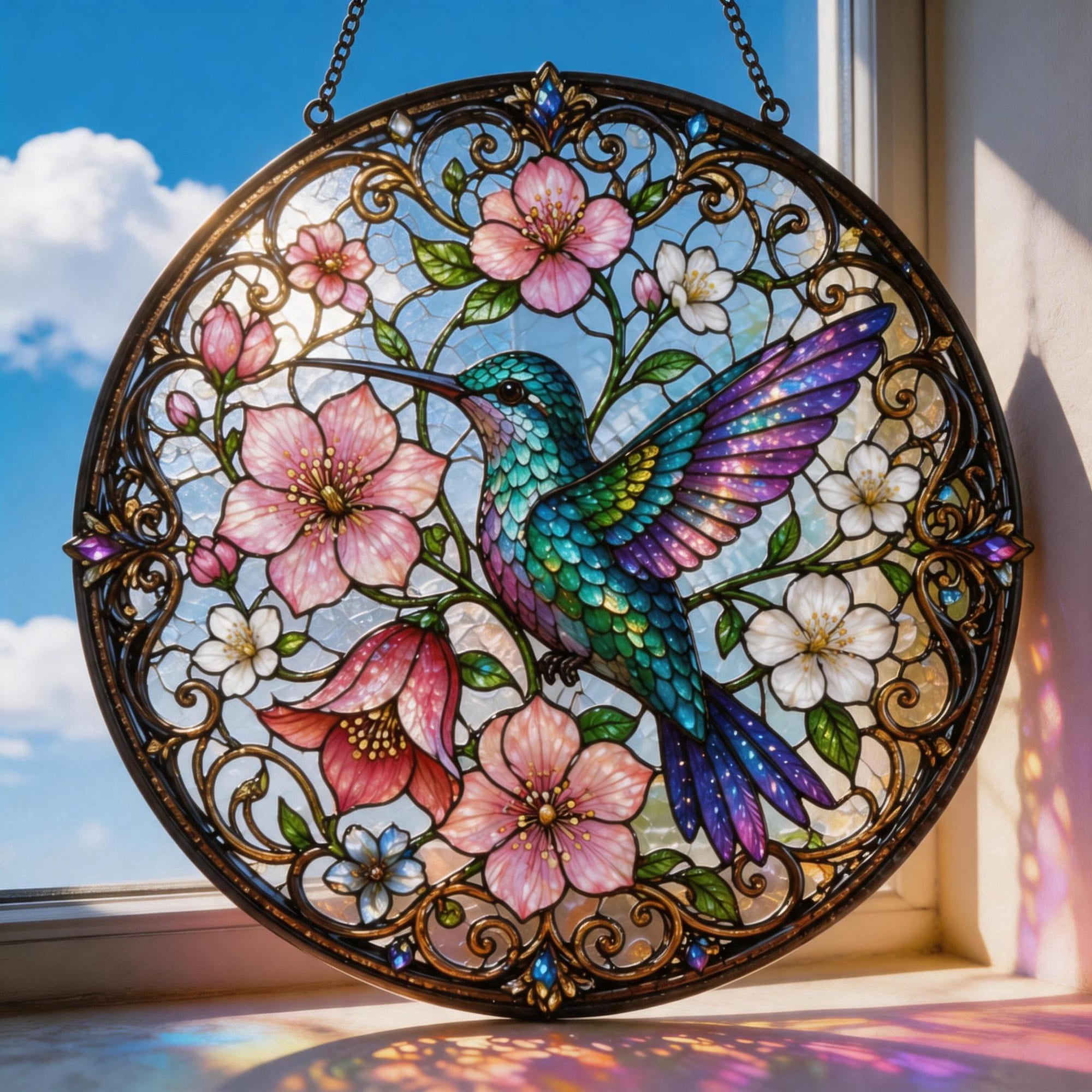 Stained Glass Hummingbird Suncatcher, Round Window Hanging Decor ...