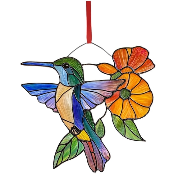 Stained Glass Hummingbird & Sunflower Suncatcher, Colorful Window Hanging with Chain – Casts Rainbow Reflections in Sunlight, Boho Home Decor for Kitchen Bedroom