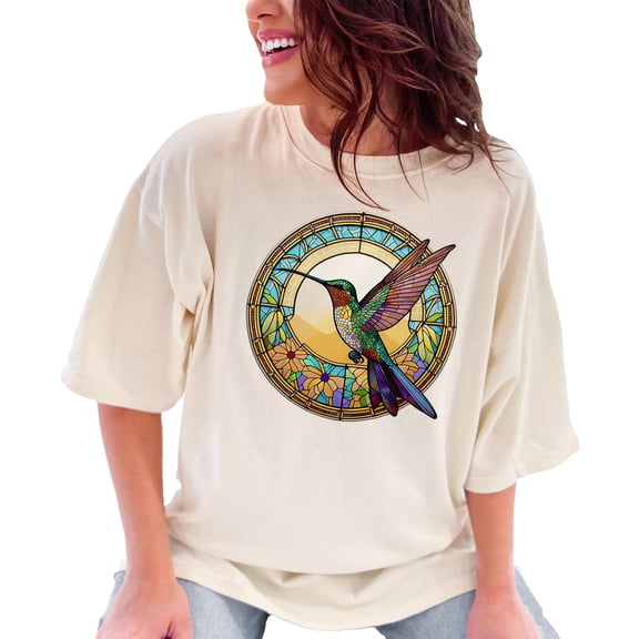 Stained Glass Hummingbird T Shirt, Vibrant Sunflower Bird Lover Art Tee, Colorful Wildlife Graphic Clothing For Nature Enthusiasts, Ivory Comfort Colors T-Shirt, Medium