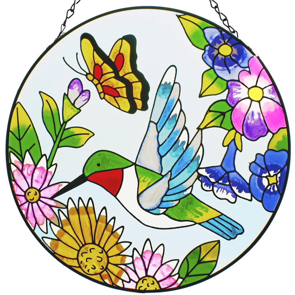 Stained Glass Hummingbird Window Hangings Suncatcher Panel with Chains