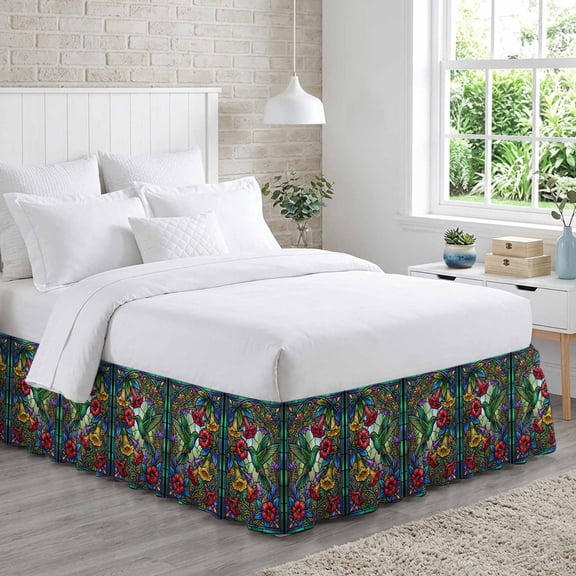 Stained Glass Hummingbirds Bed Skirt California King Size 18 Inch Drop, Country Red Yellow Green Flowers Birds Adjustable Elastic Dust Ruffles Bedskirt Wrap Around Pleated Mattress Frame Cover