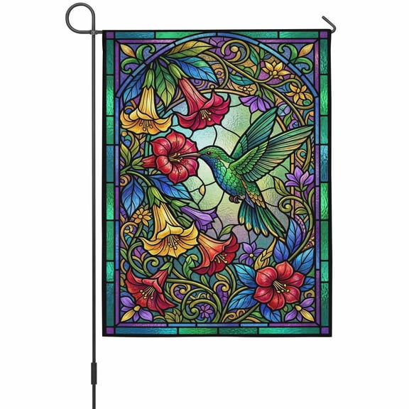 Stained Glass Hummingbirds Garden Flag 12 x 18 Inches, Country Red Yellow Green Flowers Birds Weather Proof Outdoor Patio Flags Double Sided Small Garden Decoration for Yard Outside Home