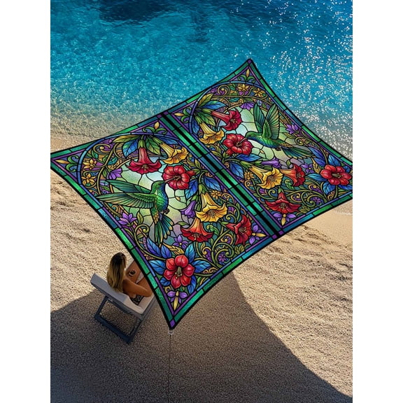 Stained Glass Hummingbirds Sun Shade Sail 6.5' x 10', Country Red Yellow Green Flowers Birds Rectangle Outdoor Sunshade Canopy, Waterproof UV Block Patio Covers for Garden Yard Beach