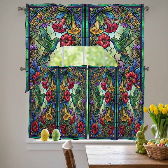 Stained Glass Hummingbirds Swag Curtains Valance & Tier Set, Country Red Yellow Green Flowers Birds 3 Pcs Set Kitchen Swag Valances and Tiers 24 Inch Length Rod Pocket Curtain Drapes for Bedroom