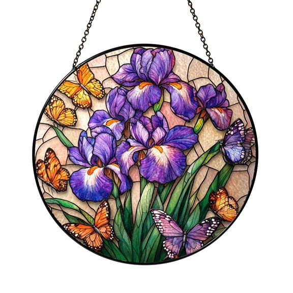 Stained Glass Iris Butterfly Window Ornament, Elegant Floral Garden Suncatcher for Nature Inspired Living Spaces