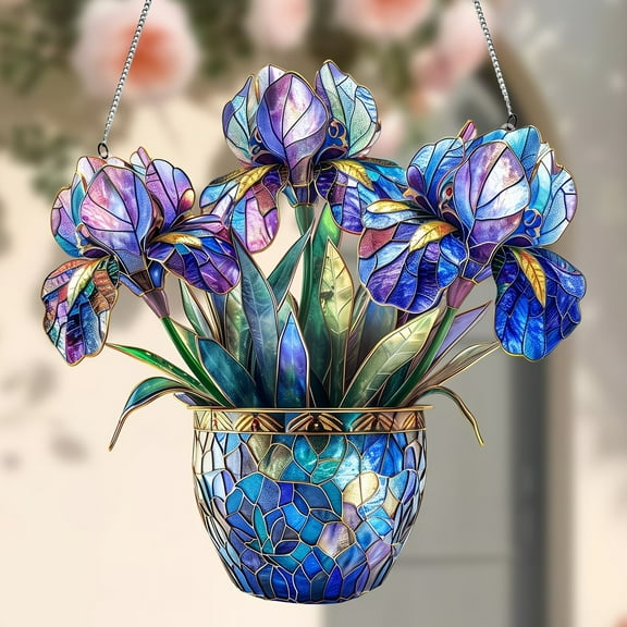 Stained Glass Iris Hanging Ornament - Acrylic Flower Pot Decor for Home, Garden & Balcony