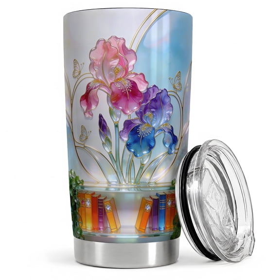 Stained Glass Iris Library 20oz Tumbler, Iris Flower Tumbler, Daily Drinkware, Pink Blue Blooms with Butterflies and Bookshelf, Reading Nook Art Cup, Women, Adults, and Flower Lovers
