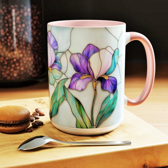 Stained Glass Iris Mug Floral Botanical Art Elegant Coffee Cup 11oz Pastel Ceramic