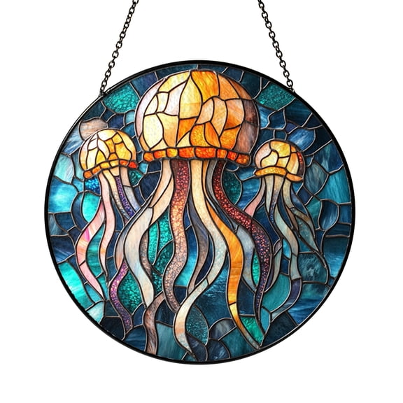 Stained Glass Jellyfish Suncatcher, Colorful Ocean Crystal Window Hanging with Underwater Sea Life