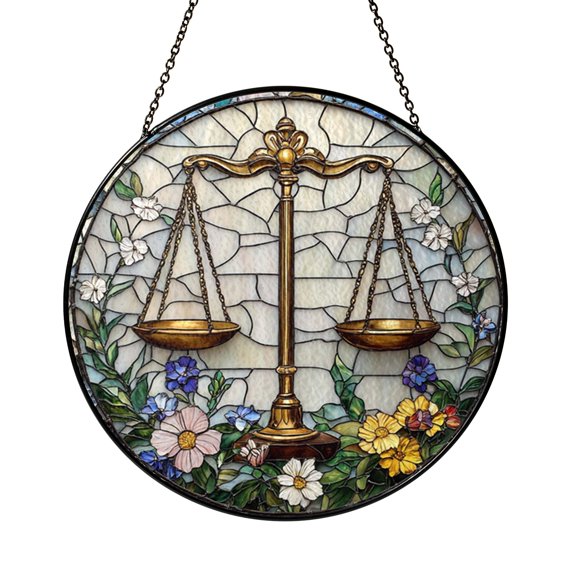 Stained Glass Justice Scale Window Hanging Ornament, Law Inspired Decor, Artistic Light Reflection Accent