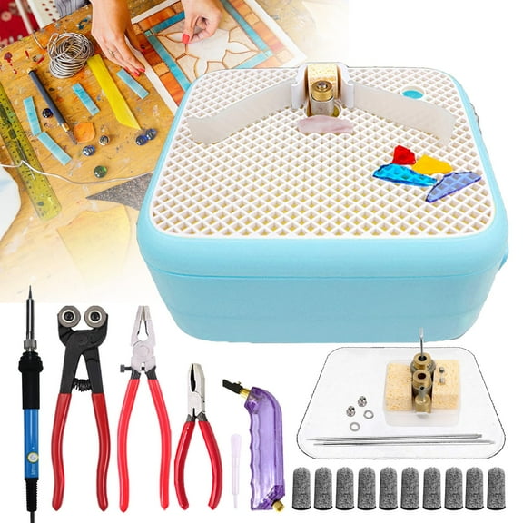 Stained Glass Kit,2in1 Desktop Stained Glass Grinder Machine-Punch Tool,Glass Grinder-Automatic Water Supply&22x27cm Work Surface&3 Pcs Grinding Head,Glass Pliers Tool/El