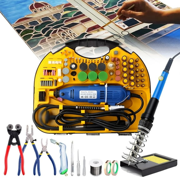 Stained Glass Kit, Stained Glass Grinder Machine Kit,Stained Glass Tool Starter Kit,with Portable Mini Engraver Tool&Soldering Iron Kit&Glass Breaking Pliers and Cutte
