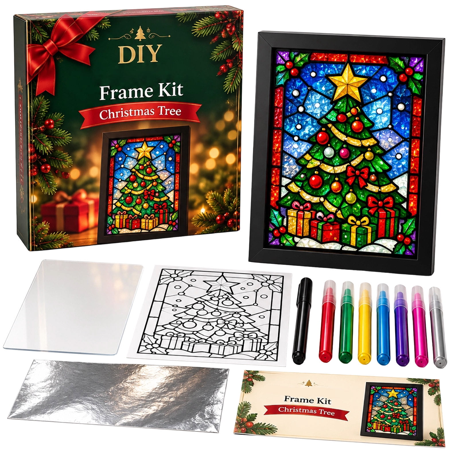 Stained Glass Kit, Diy Christmas Tree Frame with Paints and Liner Pen ...
