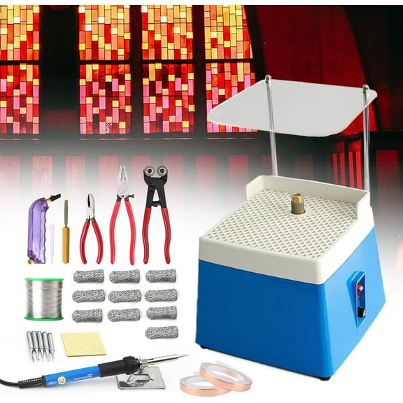 Stained Glass Kit,Mini Stained Glass Tool Set, with Mini Grinder Machine & Glass Cutter Tool Kit & Soldering Iron Kit & Copper Foil Tape & Solder Wire & Finger Sleev