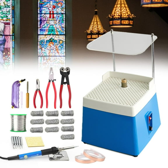 Stained Glass Kit,Mini Stained Glass Tool Set, with Mini Grinder Machine & Glass Cutter Tool Kit & Soldering Iron Kit & Copper Foil Tape & Solder Wire & Finger Sleev