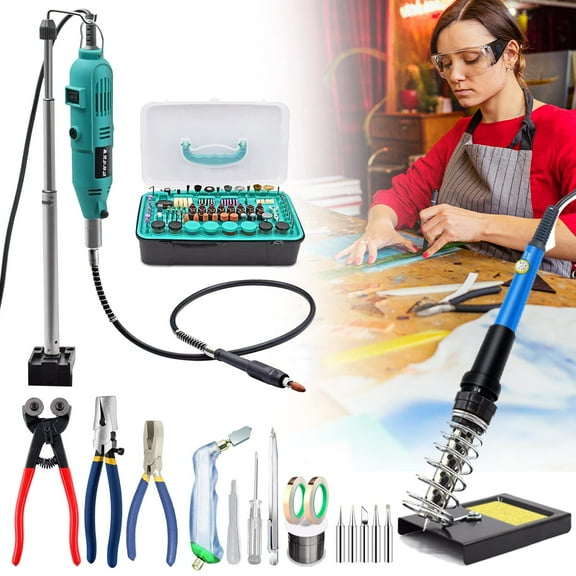 Stained Glass Kit,Stained Glass Crafting Kit,Mini Engraver Tool Kit,with Rotary Tool&Glass Cutter Tool Set&Glass Breaking Pliers Set&Soldering Iron Set,for Beginners