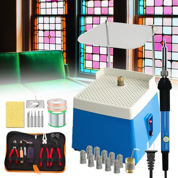 Stained Glass Kit,Stained Glass Starter Kit,Professional Start Up Set,with Glass Grinder Machine Glass Cutter Tool Kit Soldering Iron Kit Copper Foil Tape Solder Wire Fin