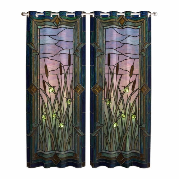 Stained Glass Kitchen Curtains 84 Inch Length, Vintage Abstract Botanical Plant Grommet Top Bedroom Living Room Curtains, Light Filtering Cafe Curtain Drapes 2 Panels Set 84''x84''