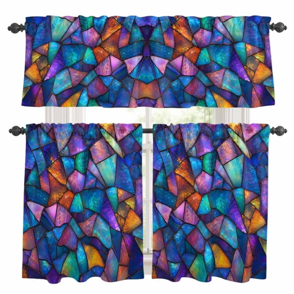 Stained Glass Kitchen Curtains and Valances Set, Abstract Minimalist Blue Purple Glass Sheets Texture 3 Piece Curtains Valances and Tiers Set Rod Pocket for Kitchen Bathroom Windows 24 Inch